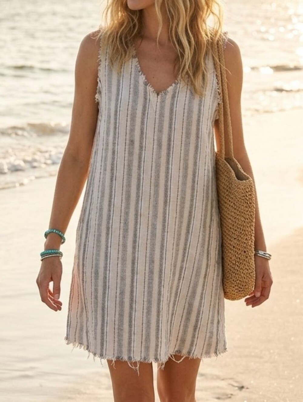 [[Umgee]] Natural and Gray Striped Sleeveless Beach Dress